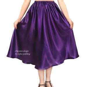 Dark Purple Satin Midi Skirt. Size M. Elastic Waist. New